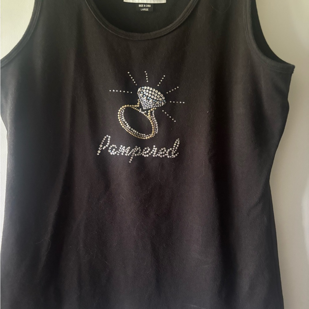 Black Sleeveless Top  ( measurements…more like a med) with Rhinestone Design